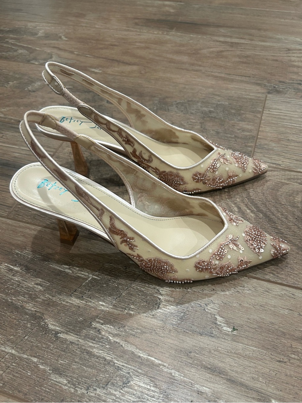 Betsey Johnson Rose Gold Slingback Heels with Teal Soles